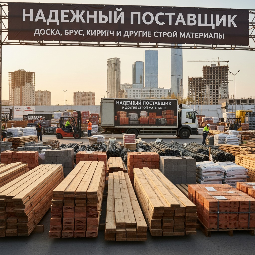 Строительная база с поддонами пиломатериалов, кирпича и блоков на переднем плане, погрузчиком и грузовиком на фоне строящихся высотных зданий.